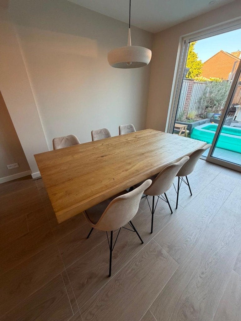 Eettafel eiken 200x110 met stalen V-poot, Huis en Inrichting, Ophalen, Gebruikt, 100 tot 150 cm, Eikenhout