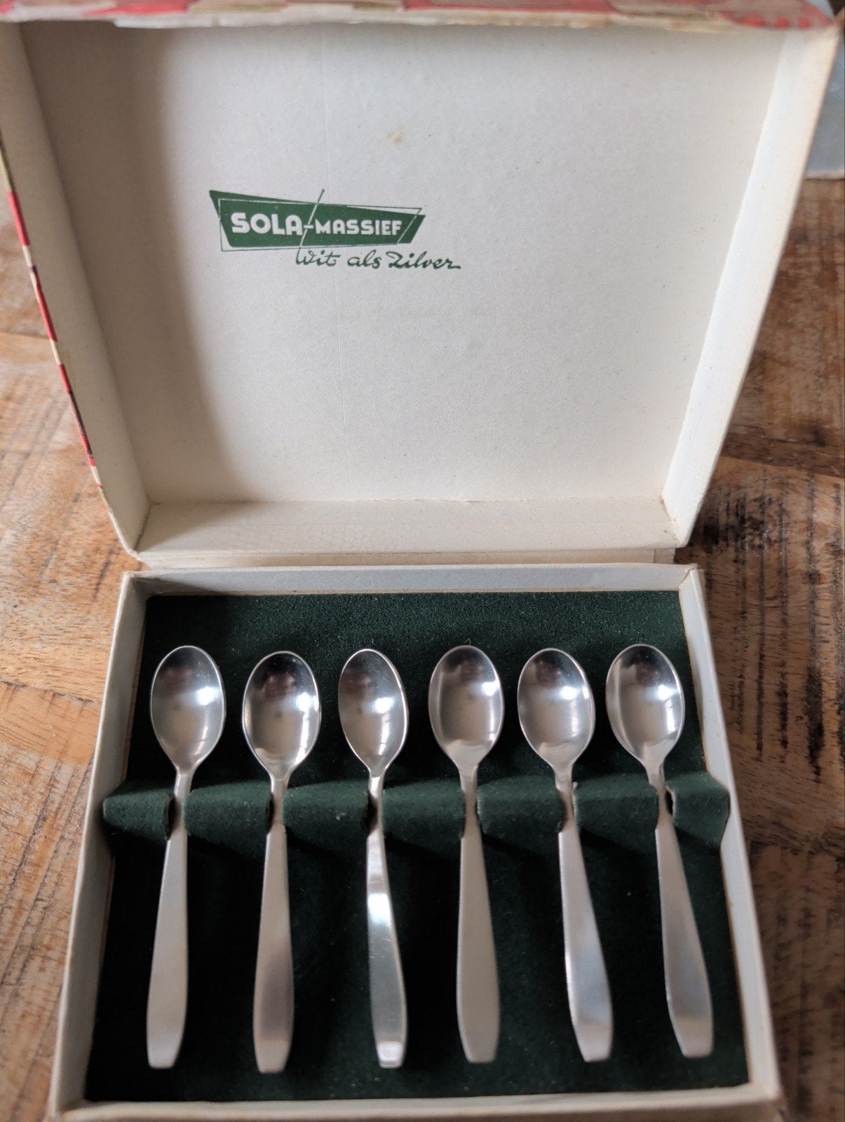 Vintage Sola Massief theelepels in originele doos, Antiek en Kunst, Ophalen of Verzenden