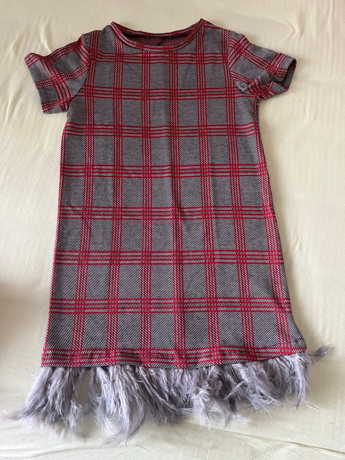 Geruite jurk met veren - Maat 38/40 (M), Zo goed als nieuw, Boven de knie, Rood, Ophalen