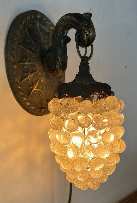 Vintage Murano druiventros wandlamp met bronzen armatu, Ophalen of Verzenden