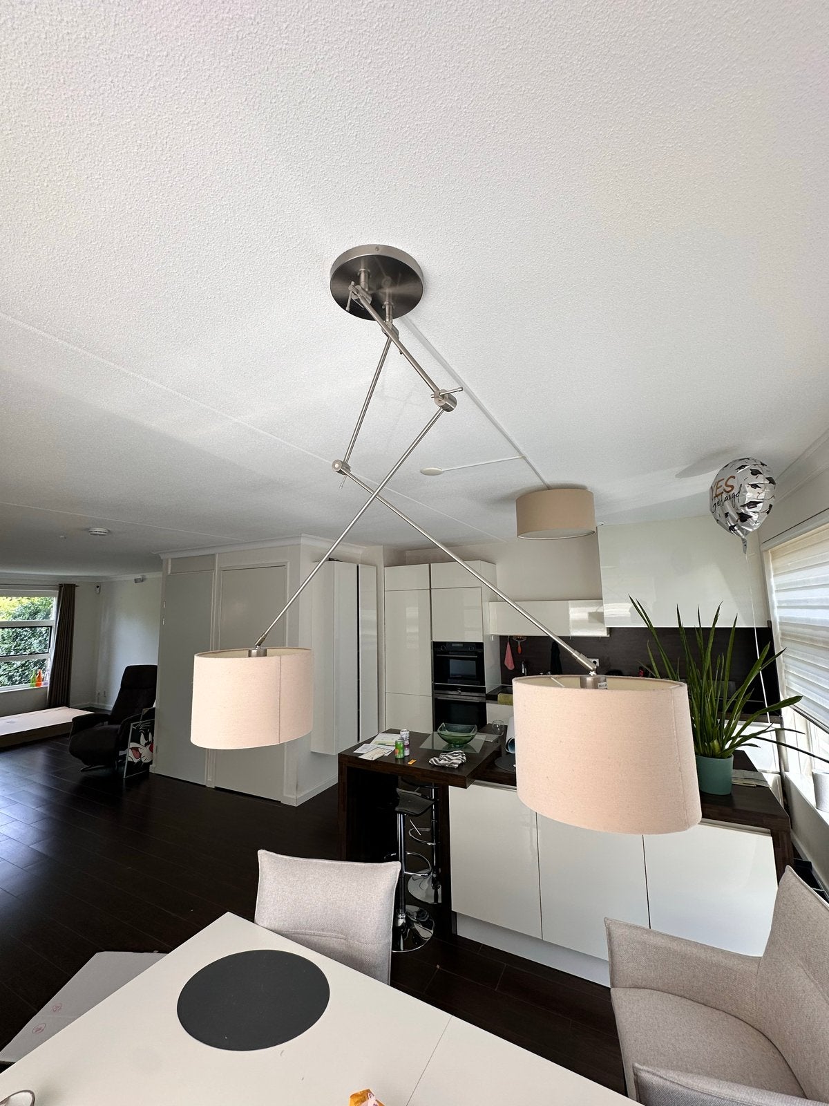 Moderne plafondlamp met verstelbare armen en stoffen kappen, Ophalen, Gebruikt, Metaal, E27 (groot)