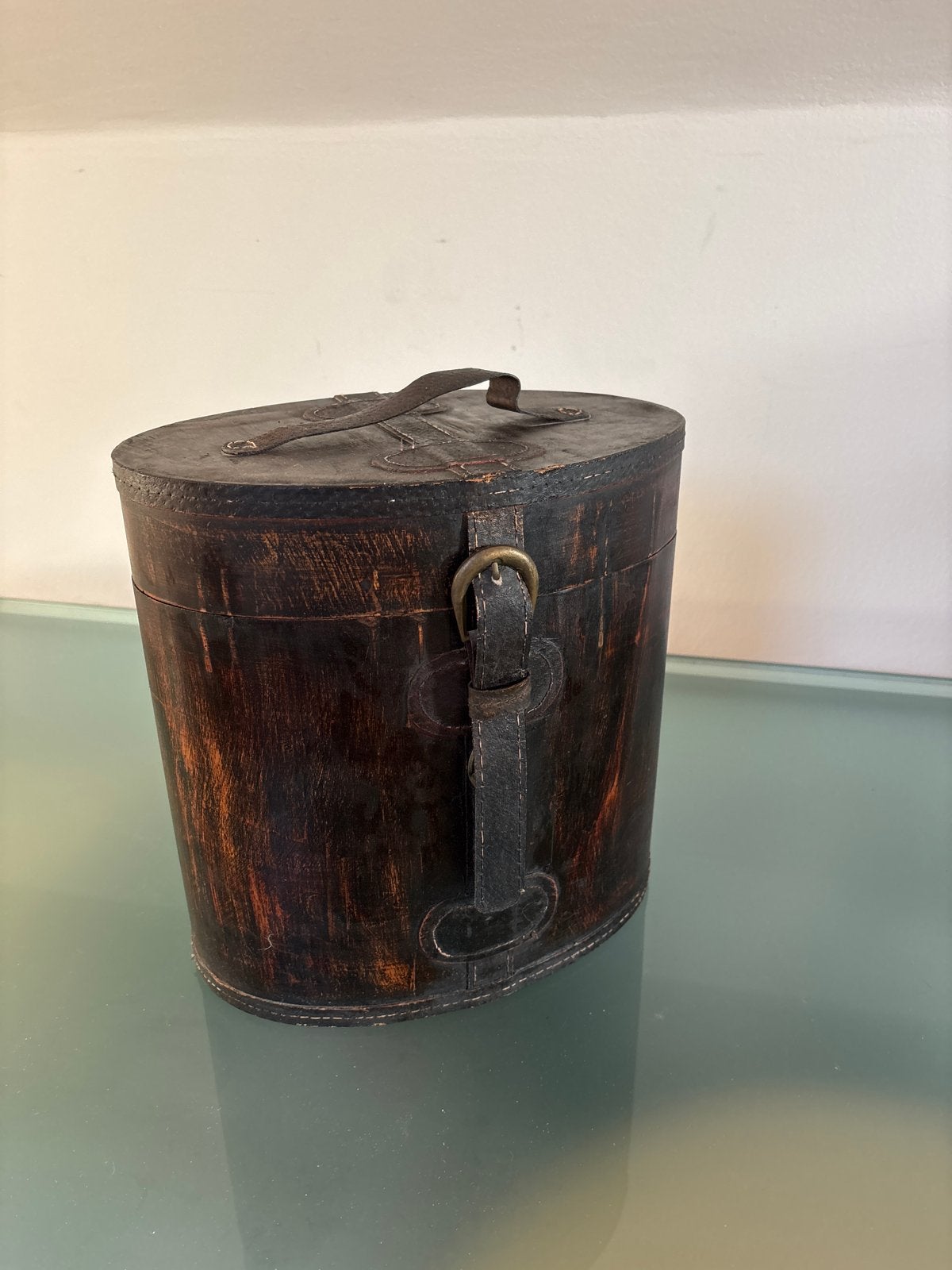 Vintage Houten/Leren Hoedendoos / Koffer met kaarsen, Ophalen of Verzenden