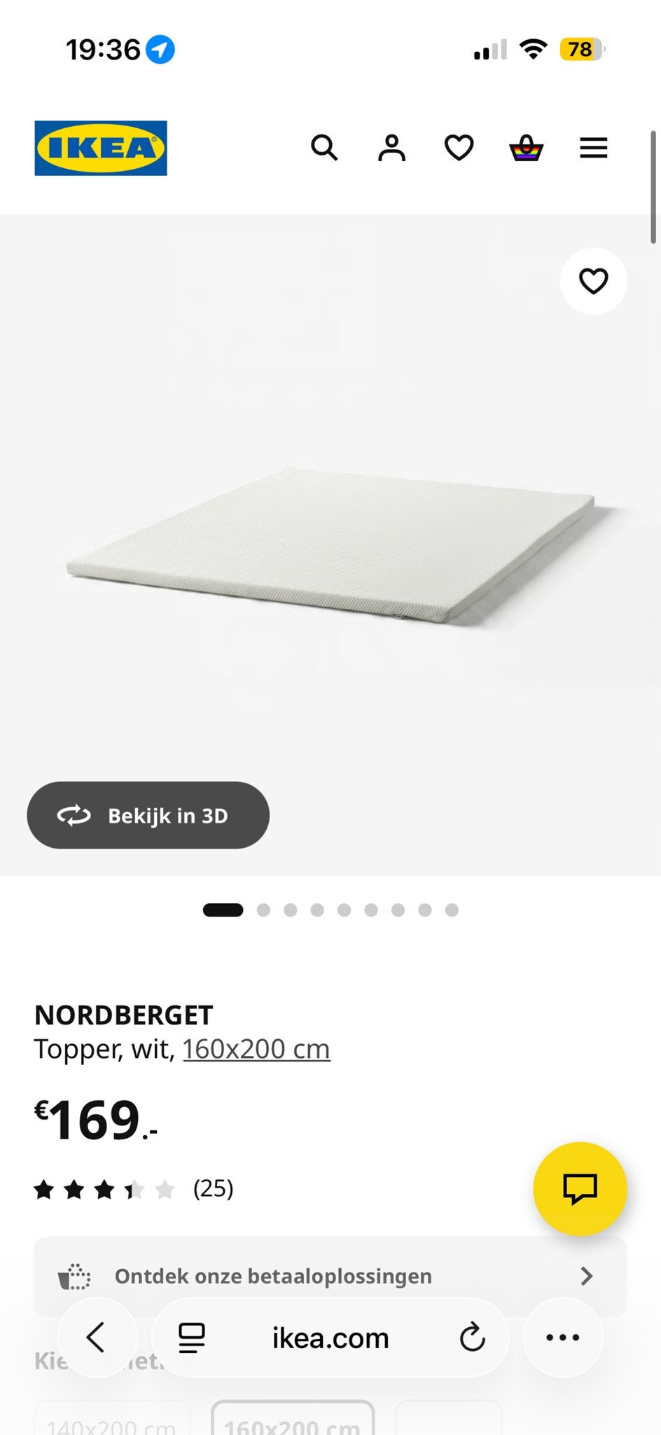 IKEA NORDBERGET Topper, wit, 160x200 cm, Ophalen, Tweepersoons, Zo goed als nieuw, Matras