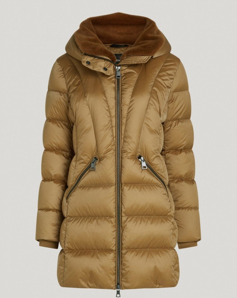Gouden donsjas met capuchon en bontkraag, Kleding | Dames, Creenstone, Ophalen of Verzenden, Zo goed als nieuw, Maat 36 (S)