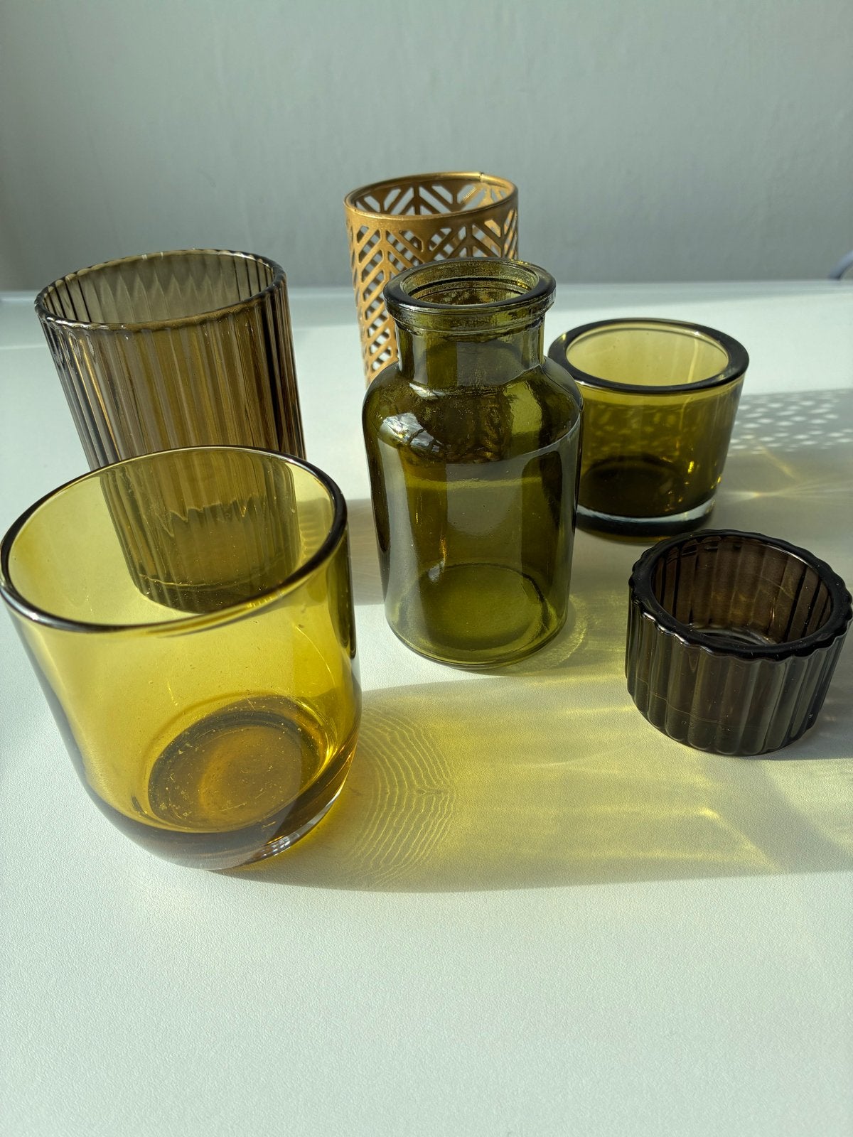 Set van 6 groene theelicht houders waarvan 1 vaasje, Ophalen, Gebruikt, Met patroon/structuur, Glas