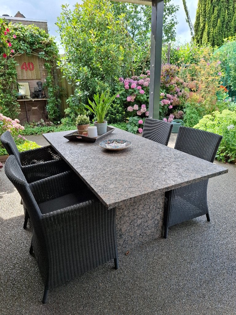 Borek tuinset met granieten tafel en 4 wicker stoelen, Tuin en Terras, Ophalen, Gebruikt, Tuinset, Eettafel