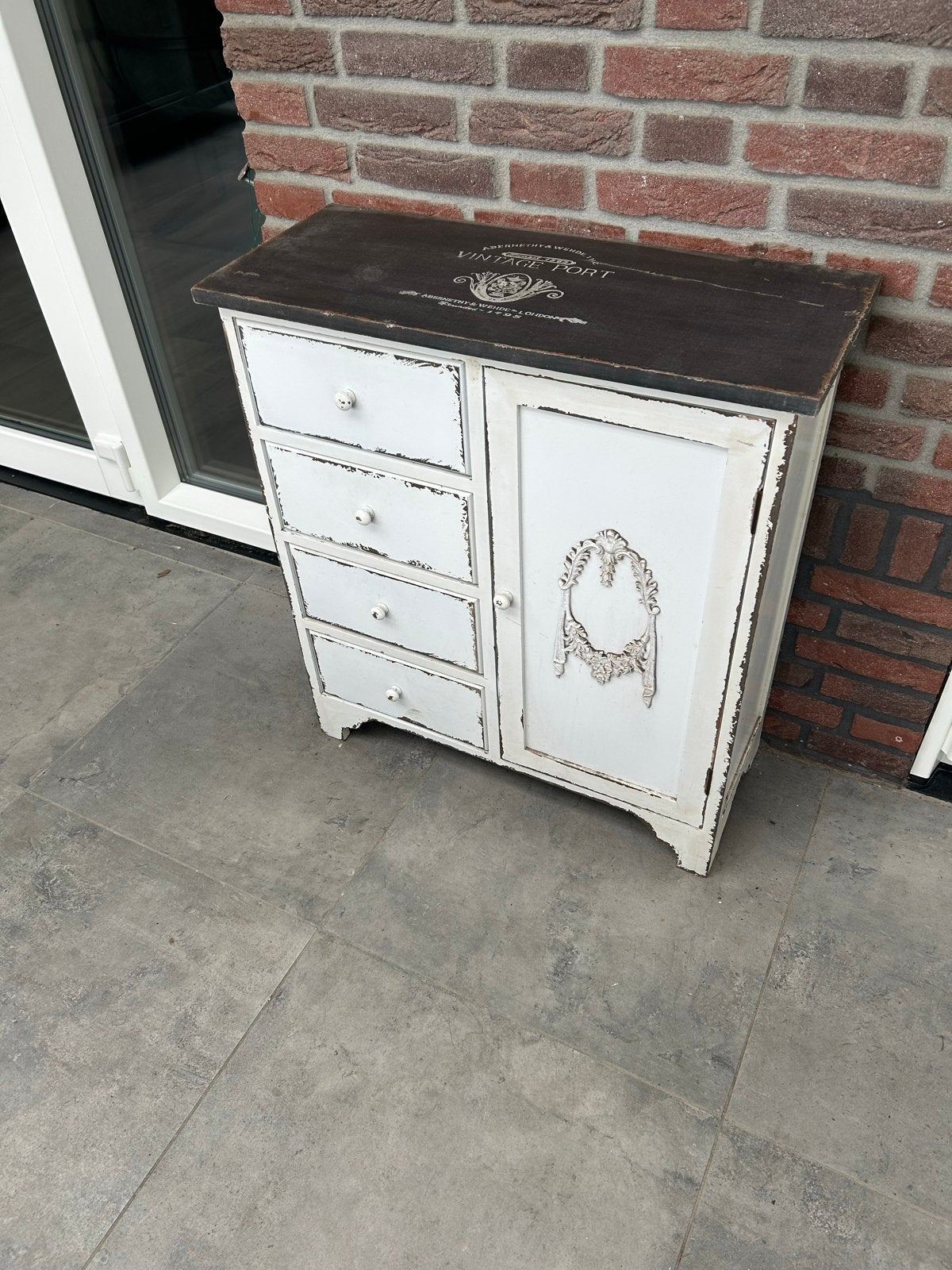 Vintage kastje met lades en deur - Shabby Chic, Ophalen, Gebruikt, 50 tot 100 cm, Met lade(s)