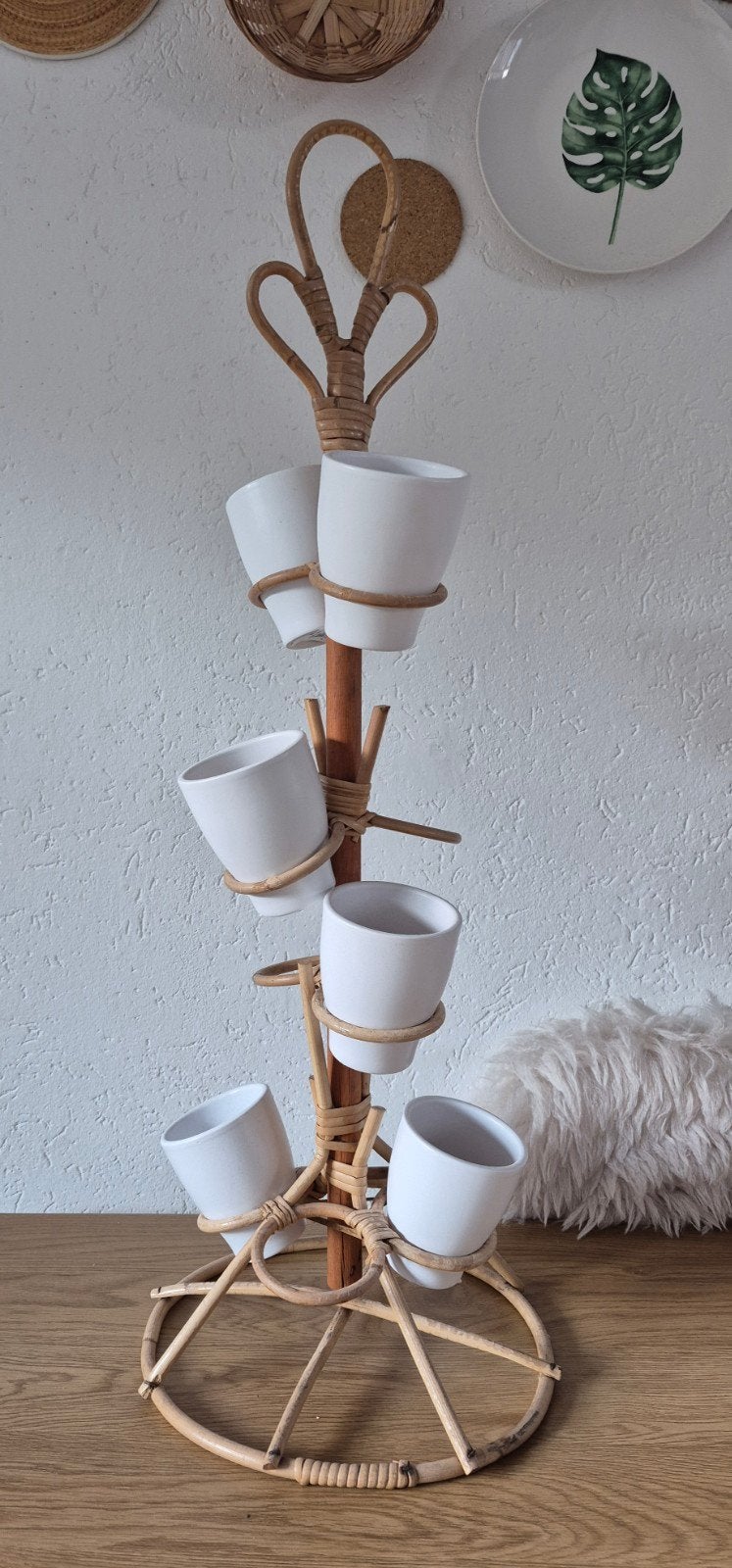 Rotan plantenstandaard met 6 witte potjes, Ophalen, Gebruikt, Gevlochten, Rond