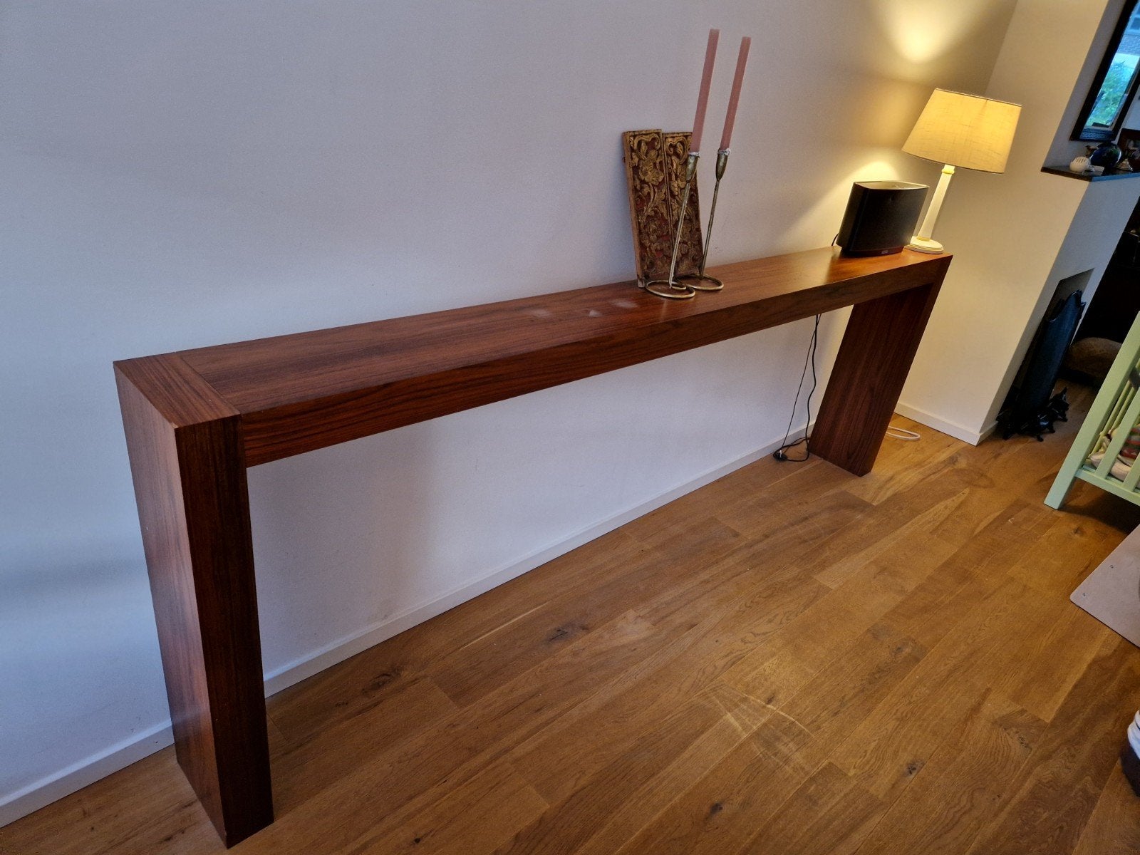 Lange houten sidetable/wandtafel - 265 cm, Ophalen, Gebruikt, 200 cm of meer, 25 tot 50 cm