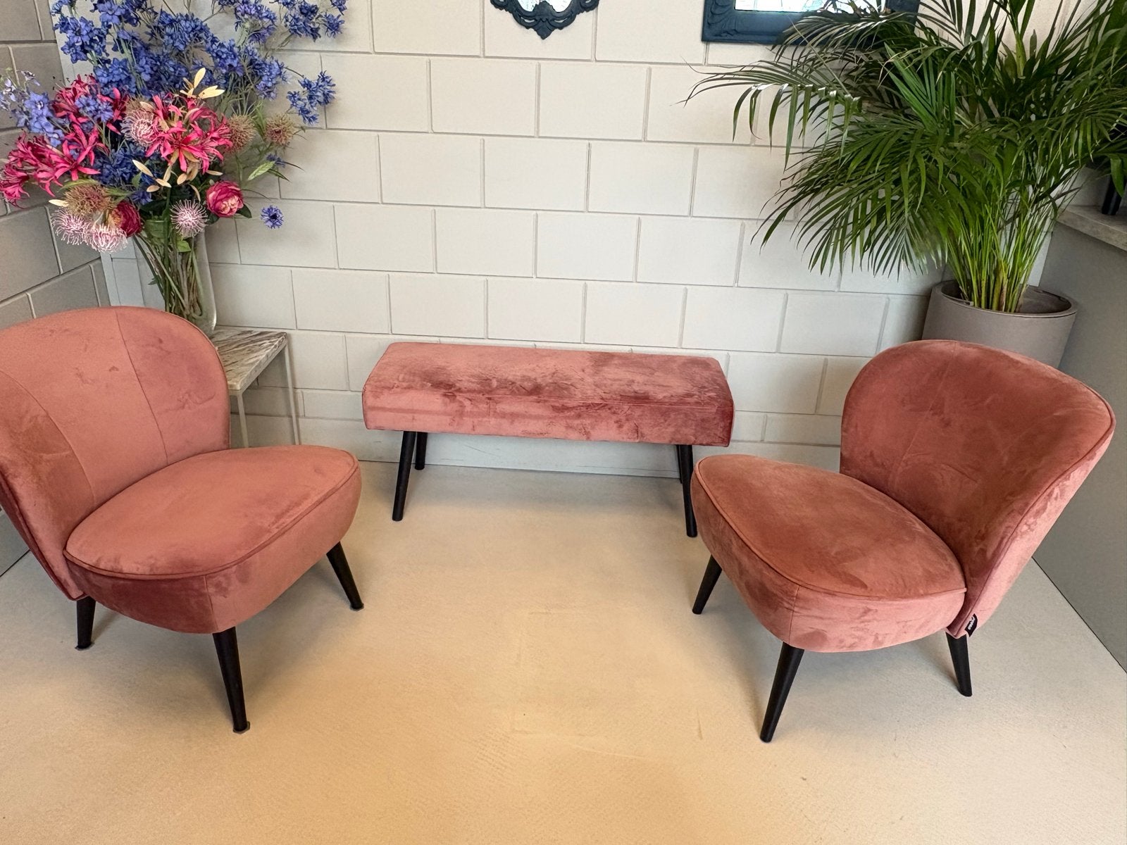 Woood Sara velvet oud roze: 2 fauteuils en bankje, Ophalen, Minder dan 75 cm, Zo goed als nieuw, Stof