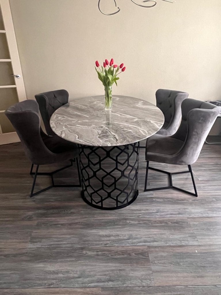 Marmer eettafel en salontafel +stoelen + bankstel, Ophalen, Overige materialen, 100 tot 150 cm, 200 cm of meer
