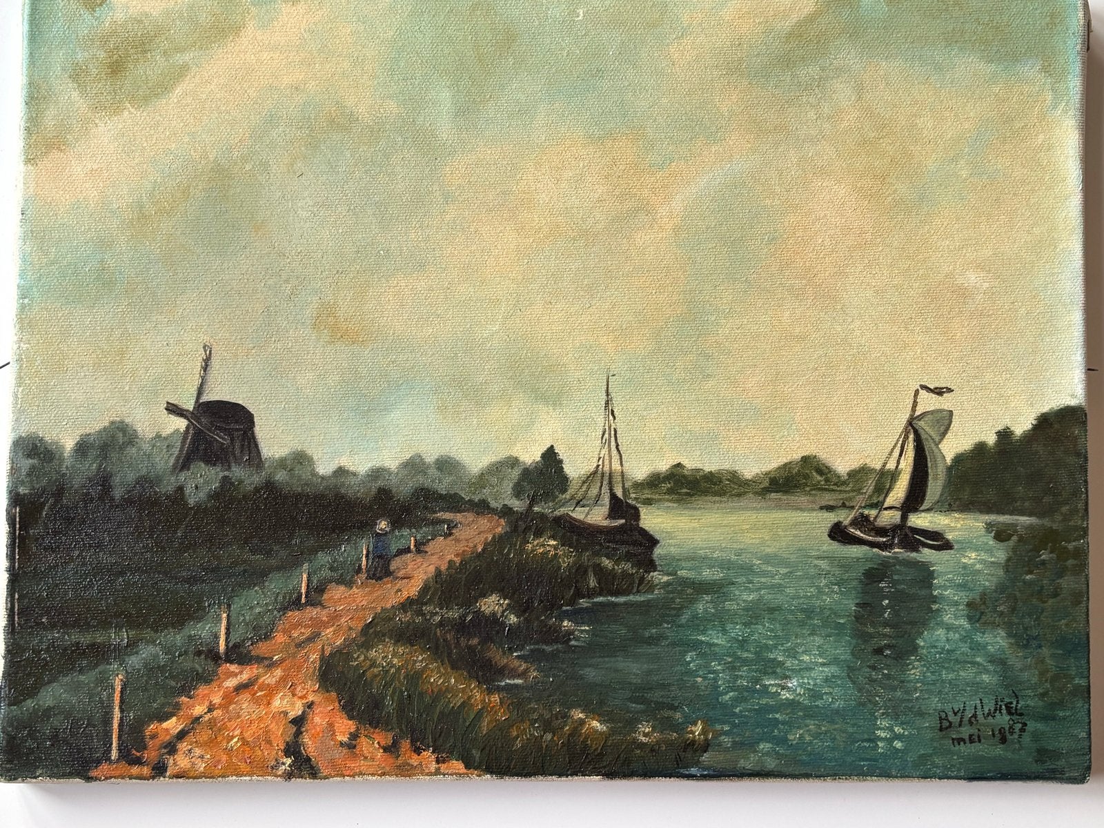 Olieverfschilderij Hollands landschap met molen en boten, Antiek en Kunst, Doek, Realistisch, Ophalen of Verzenden, Gesigneerd