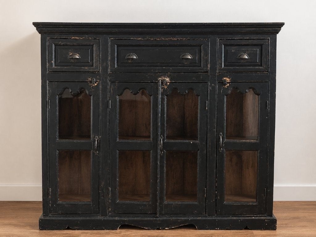 Grote vitrinekast servieskast zwart hout massief vintage, Ophalen, Vintage koloniaal landelijk rustiek industrieel, Gebruikt, 100 tot 150 cm