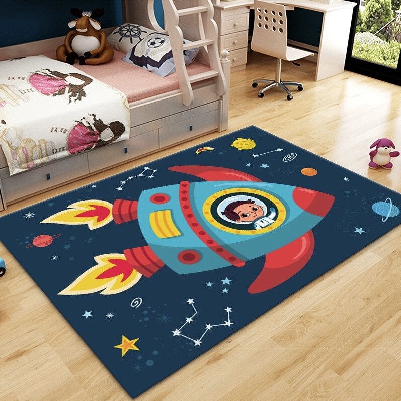 Raket Vloerkleed Kinderkamer / Kleed Vloermat Mat Kinderen, Rechthoekig, Verzenden, Blauw, Nieuw