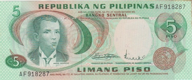 Filipijnen bankbiljet 5 Piso A. Bonifacio 1970 UNC (getint), Ophalen of Verzenden, Zuidoost-Azië, Los biljet