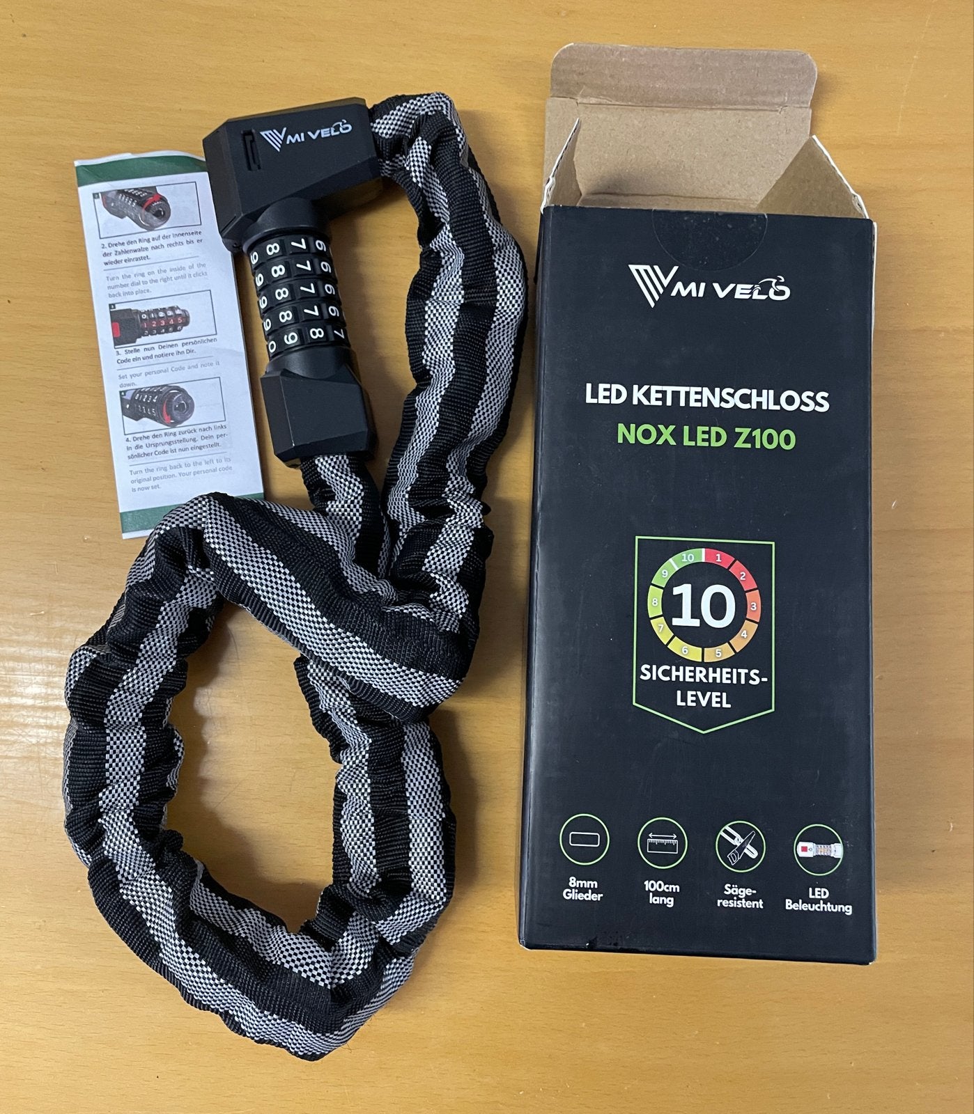 VIMIVELO LED Kettingslot NOX LED Z100, Fietsen en Brommers, Ophalen, Alarm, Nieuw, Kettingslot