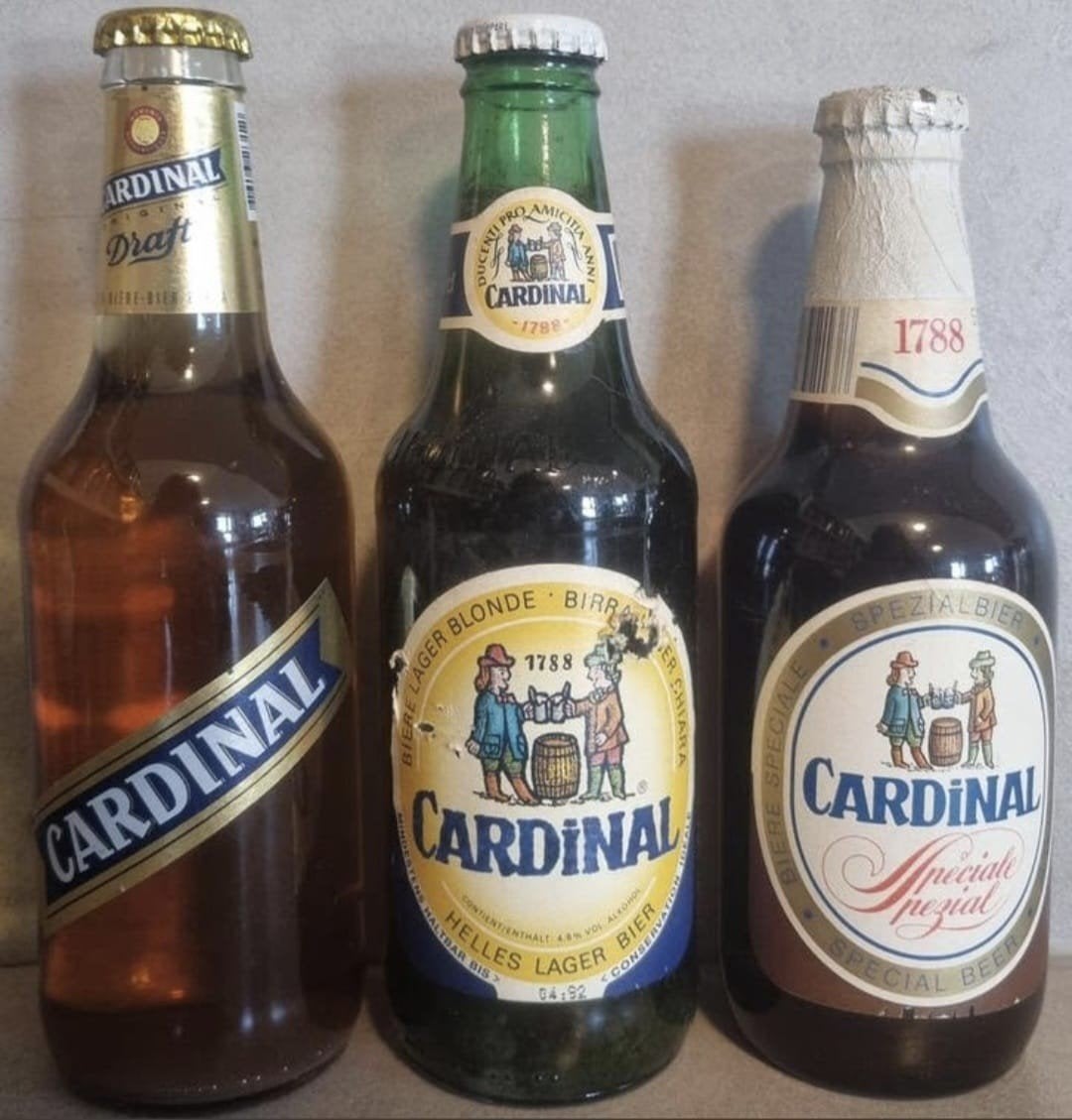 3x Cardinal, Fribourg (1788) - glasjaar '81, tht '92 & '09, Ophalen of Verzenden, Zo goed als nieuw, Flesje(s), Overige merken