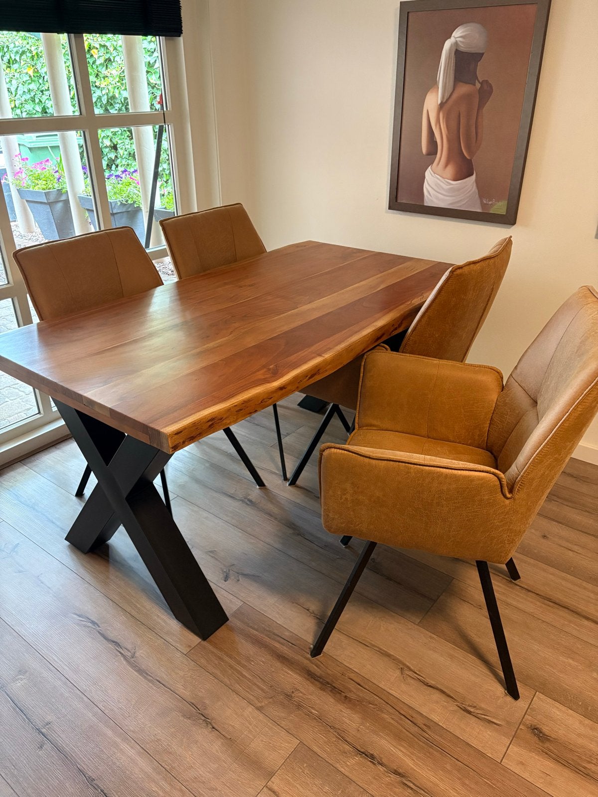 Eettafel met 4 stoelen - Massief hout en leer, Huis en Inrichting, Tafels | Eettafels, Ophalen, 50 tot 100 cm, Zo goed als nieuw