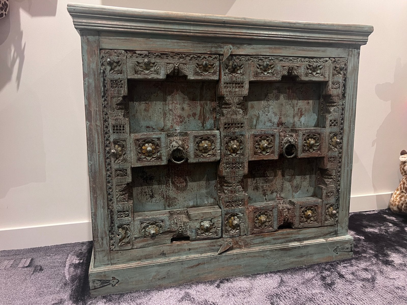 Unieke turquoise kast in Ibiza/Indiase stijl, Ophalen, Gebruikt, 100 tot 150 cm, 100 tot 150 cm