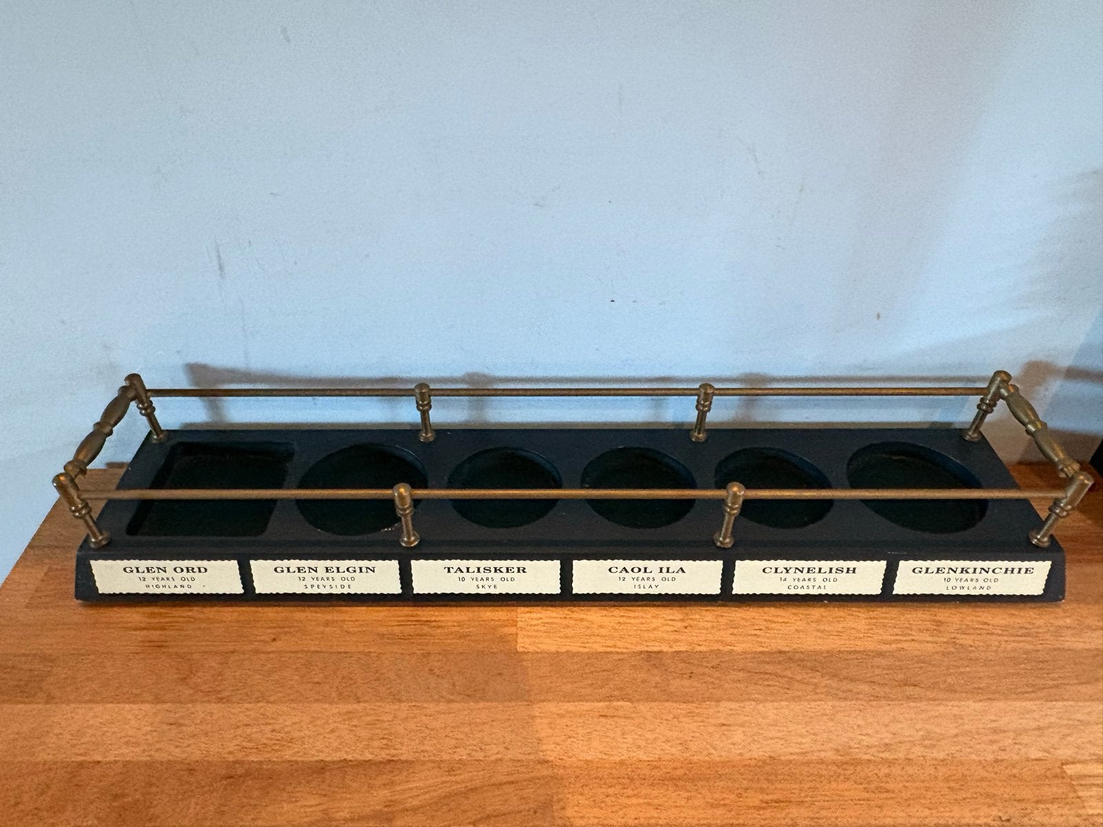 Vintage rek Malts of Scotland, hout, messing, voor 6 flessen, Ophalen of Verzenden