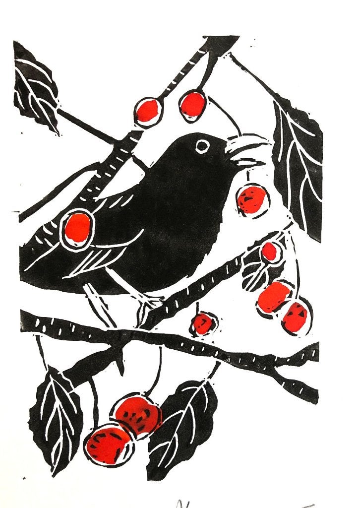 Linodruk (kleur) Merel, Antiek en Kunst, Kunst | Litho's en Zeefdrukken, Linosnede, Genummerd, Gesigneerd, Origineel, Dieren en Natuur
