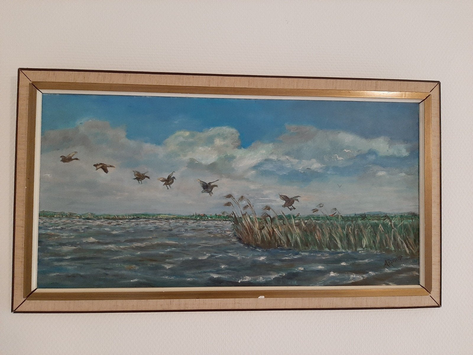 Schilderij landschap eenden bij rietkraag, Ophalen of Verzenden