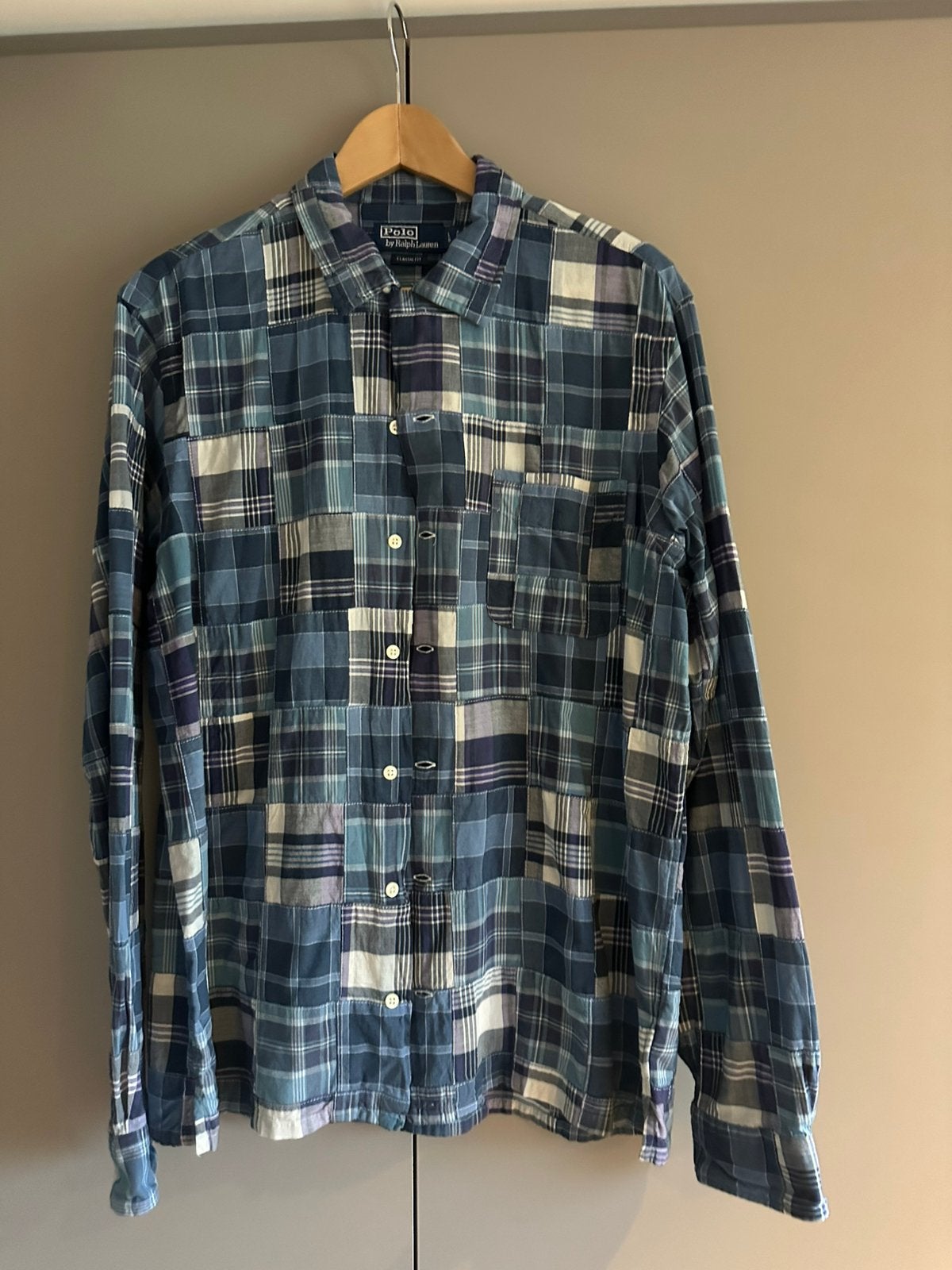 Ralph Lauren overhemd met ruitdessin en borstzak, Ophalen of Verzenden, Zo goed als nieuw, Blauw, Halswijdte 41/42 (L)