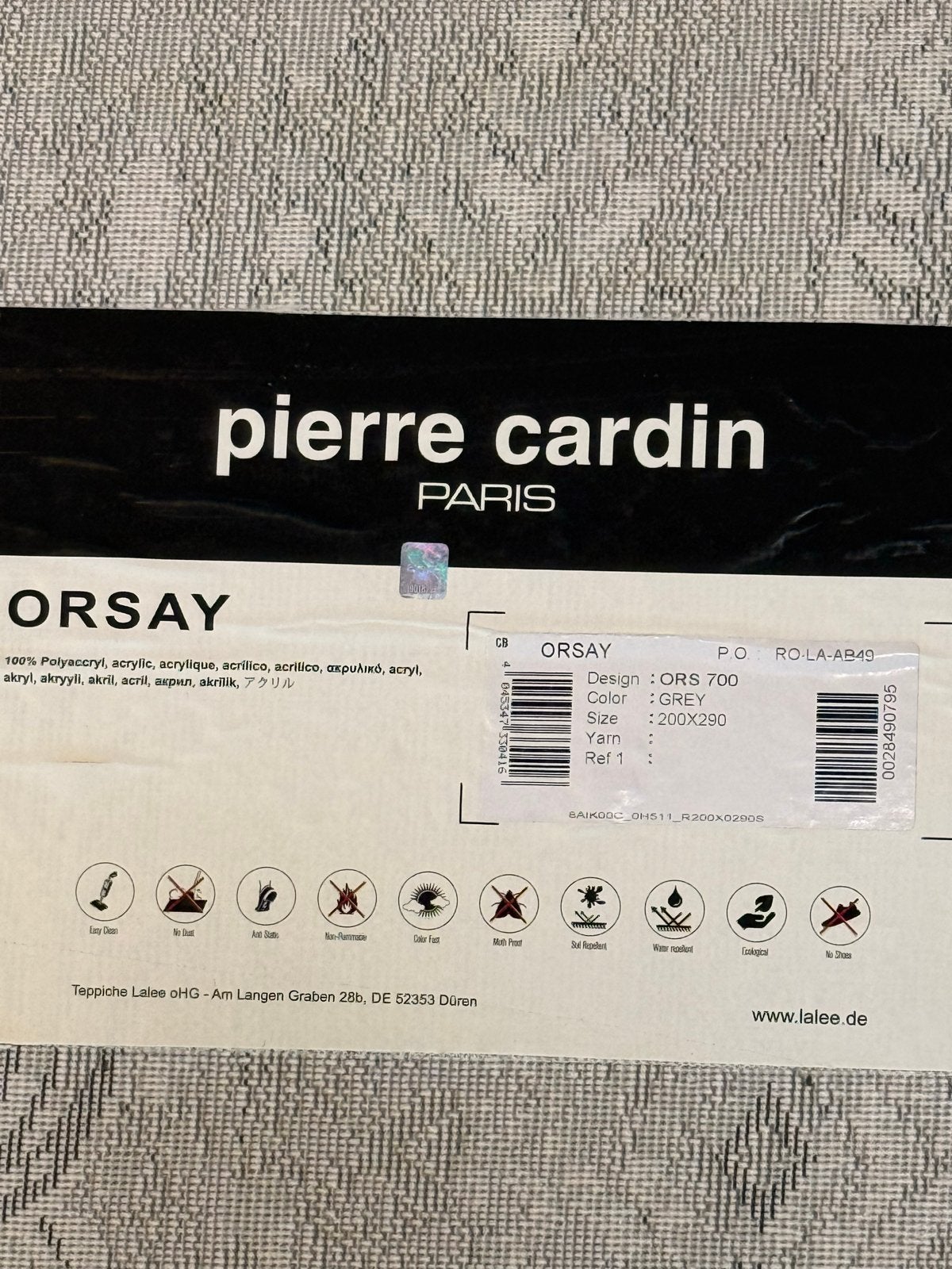 Pierre Cardin ORSAY Vloerkleed Grijs 200x290 cm, Ophalen of Verzenden, Zo goed als nieuw, 200 cm of meer, Grijs