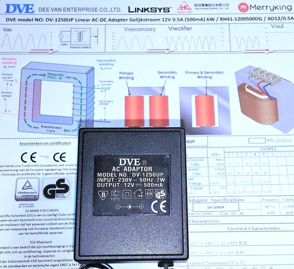 DVE DV-1250UP Lineaire AC DC Adapter 12V 500mA 6W oplader