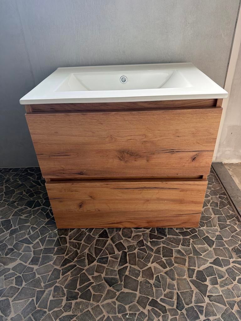 Fontana Rovigo badmeubel 60cm warm eiken met witte wastafel, Ophalen, Nieuw, 50 tot 100 cm, Wastafelkast