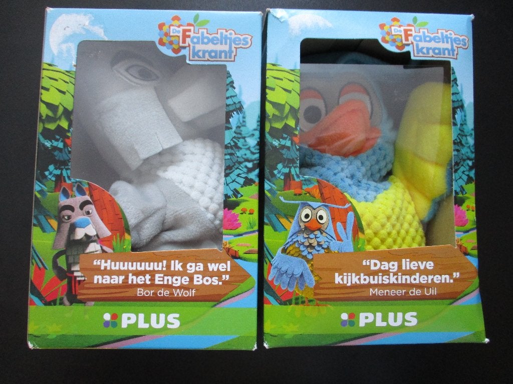 Handpoppen MENEER de UIL en BOR de WOLF van FABELTJESKRANT., Met doos, Overige karakters, Overige typen, Nieuw