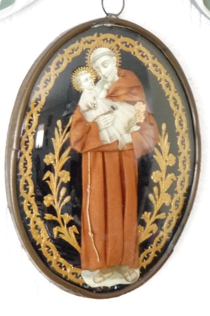 2 ANTIEK KLOOSTERWERK HEILIGE ANTONIUS KANTWERK EN STOFFEN K, Verzenden
