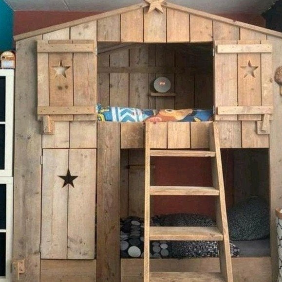 Stoer steigerhouten boomhutbed stapelbed met sterren, Huis en Inrichting, Slaapkamer | Stapelbedden en Hoogslapers, Ophalen, Eenpersoons
