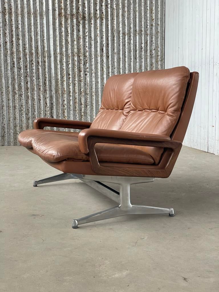 2 Zits Design Bank Strässle 1960 Leer Teakhout vintage, Ophalen, Redesign, Gebruikt, Aalsmeer