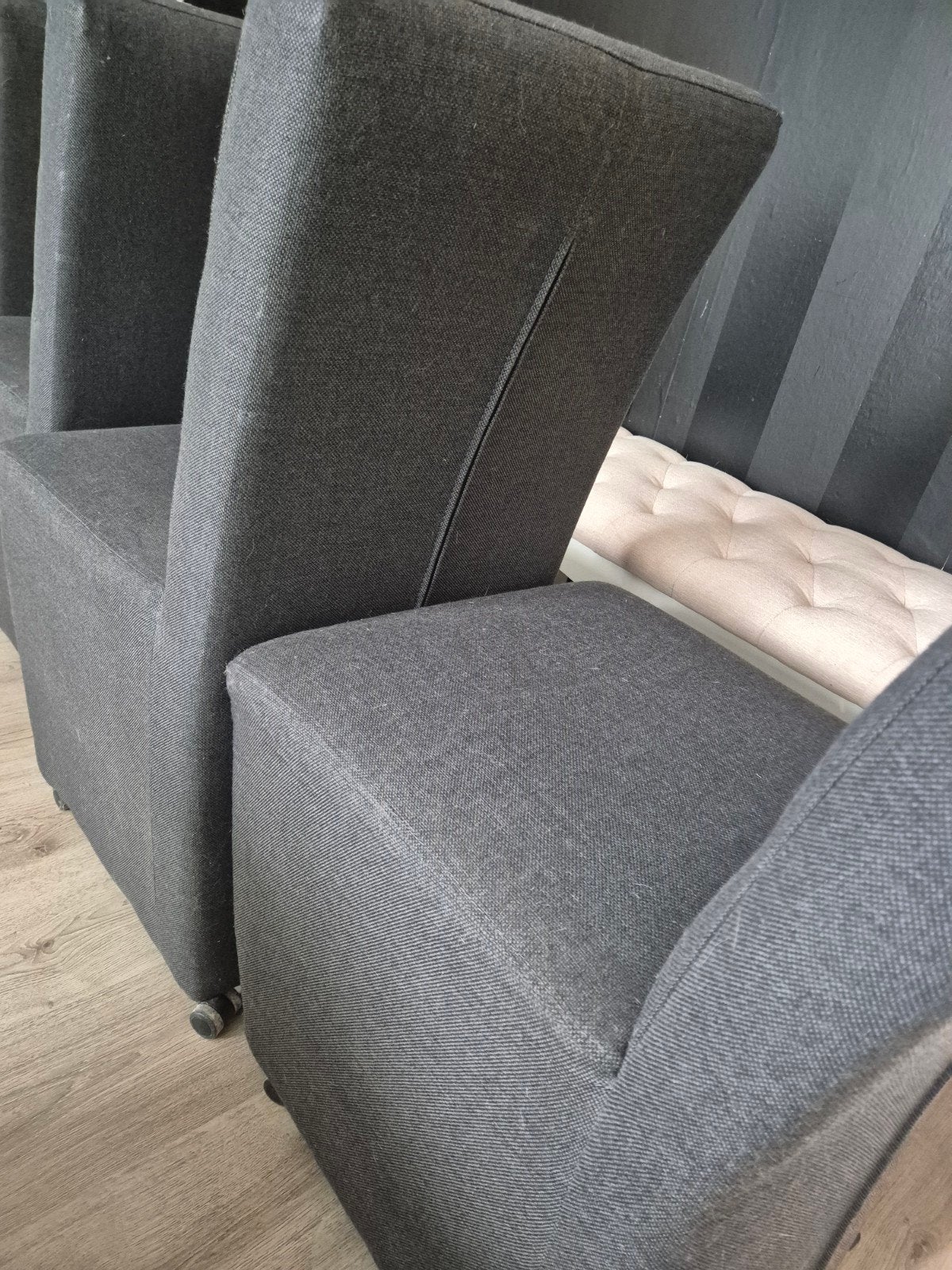 4 eetkamerstoelen grijs, Ophalen, Gebruikt, Minder dan 75 cm, Minder dan 150 cm