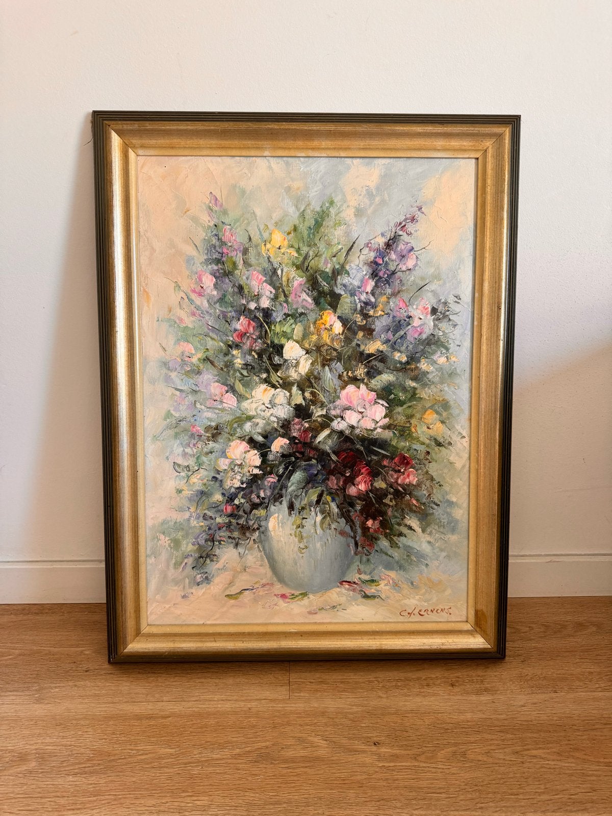 Schilderij: Levendig bloemstilleven, gesigneerd G.J. Ernens, Doek, Impressionistisch, Gesigneerd, Olieverf
