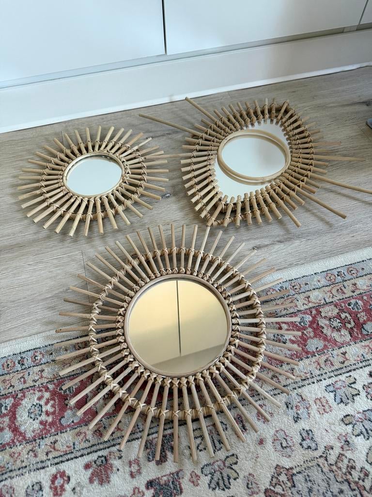 Set van 3 rotan spiegels, zonnespiegel, wanddecoratie, Huis en Inrichting, Minder dan 50 cm, Ophalen of Verzenden, Zo goed als nieuw