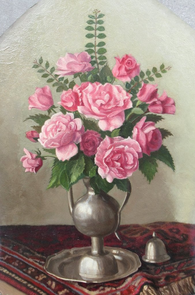 Adrianus van der Meijde (1896-1988): Rozen in tinnen kan, Ophalen, Paneel, Stilleven, Olieverf
