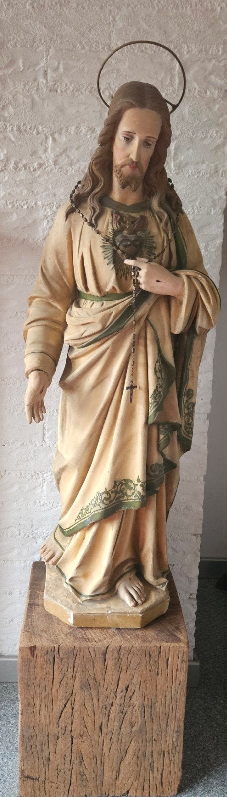 Antiek Heilig Hartbeeld Jezus – 90 cm – Polychroom Gips, Antiek en Kunst, Ophalen