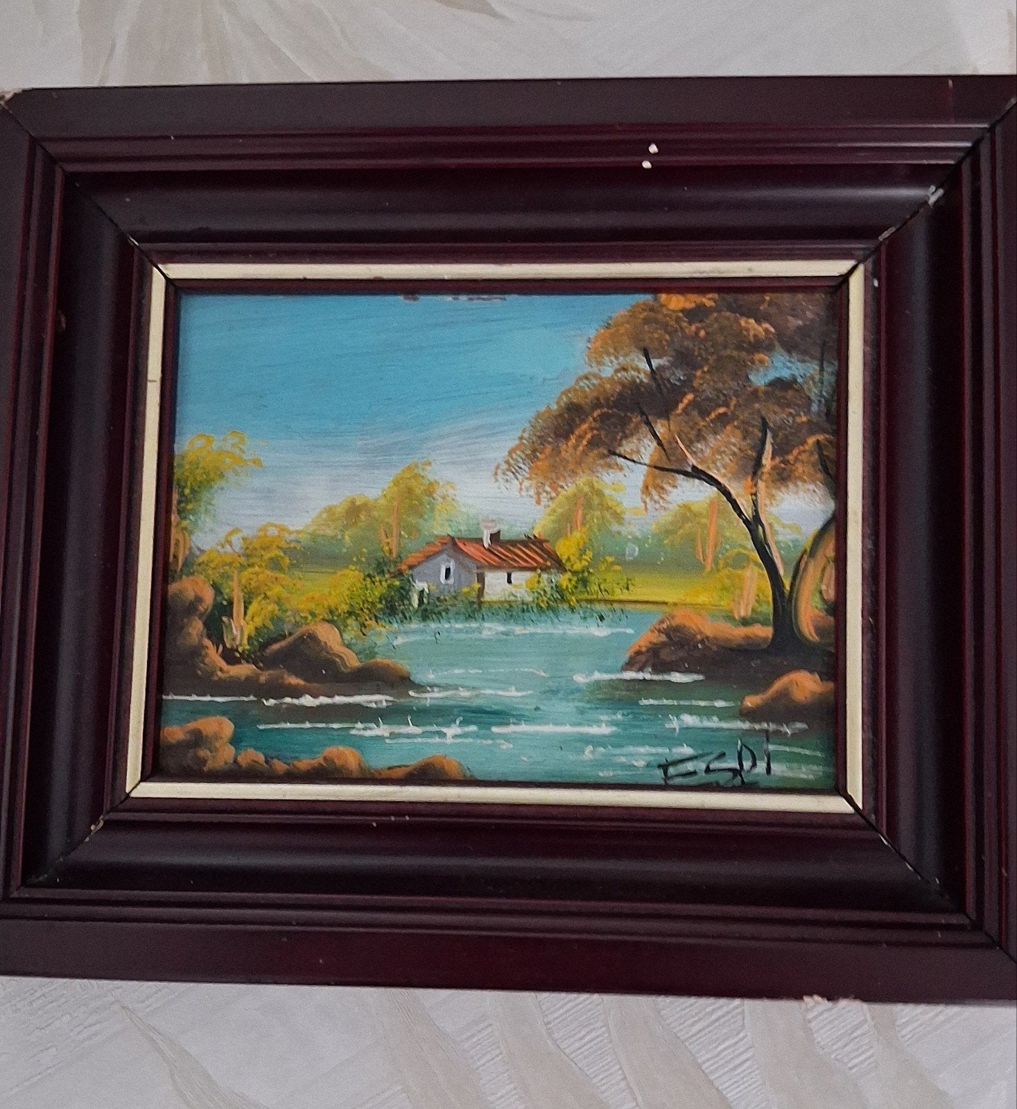 Schilderij met landschap en huisje aan het water, Paneel, Realistisch, Ophalen of Verzenden, Landschap