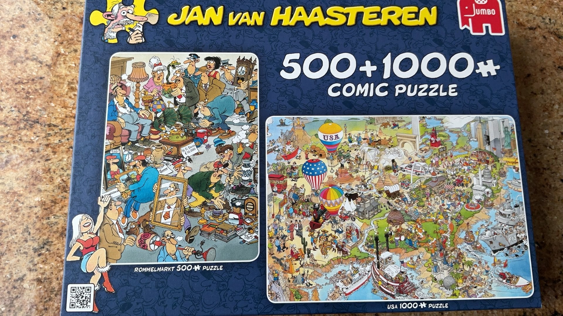 Jan van Haasteren, 500+1000, rommelmarkt - USA, Hobby en Vrije tijd, Denksport en Puzzels, Verzenden, 500 t/m 1500 stukjes, Zo goed als nieuw