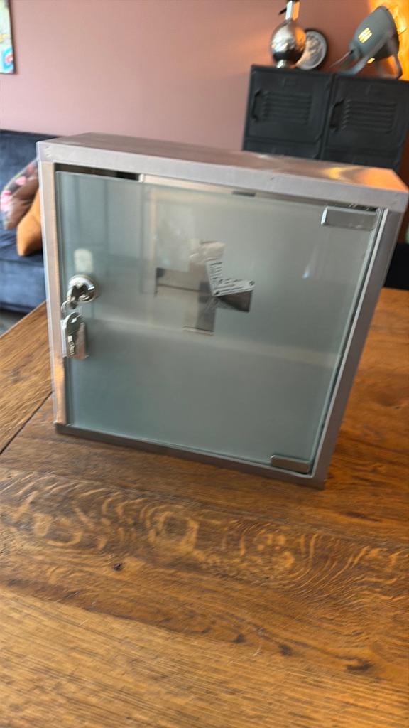 Vintage metalen kastje met glazen deur en slot, Ophalen of Verzenden, Zo goed als nieuw