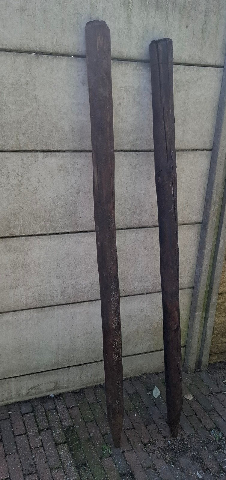 Twee gebruikte houten palen - ideaal voor tuinprojecten, Gebruikt, 50 mm of meer, Balk, Ophalen