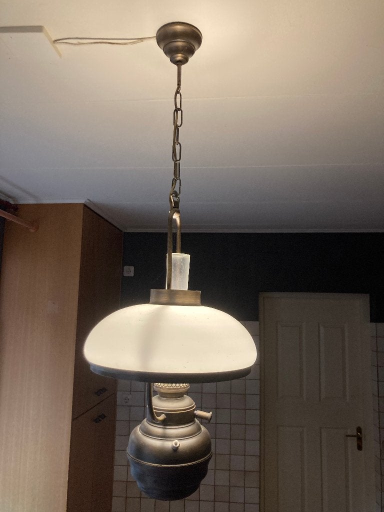 Antiek cottage koper brons glazen olielamp met dimmer, Ophalen of Verzenden