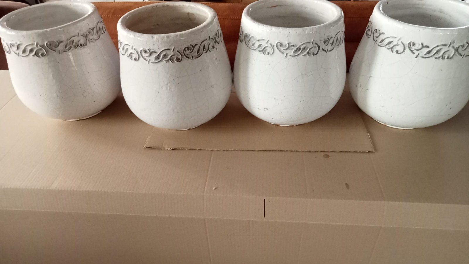 Set van 4 witte bloempotten met decoratief patroon, Ophalen, Gebruikt, Wit