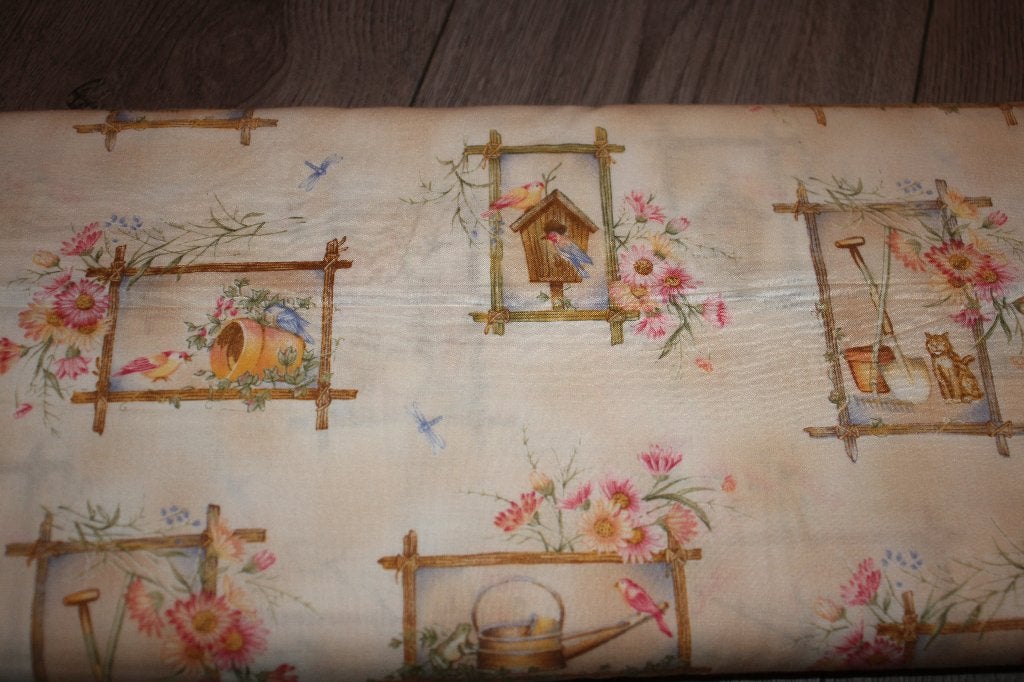 Rol vintage 100% katoen stof - Creme vogels bloemen #4512, Overige kleuren, Ophalen of Verzenden, 30 tot 120 cm, Katoen