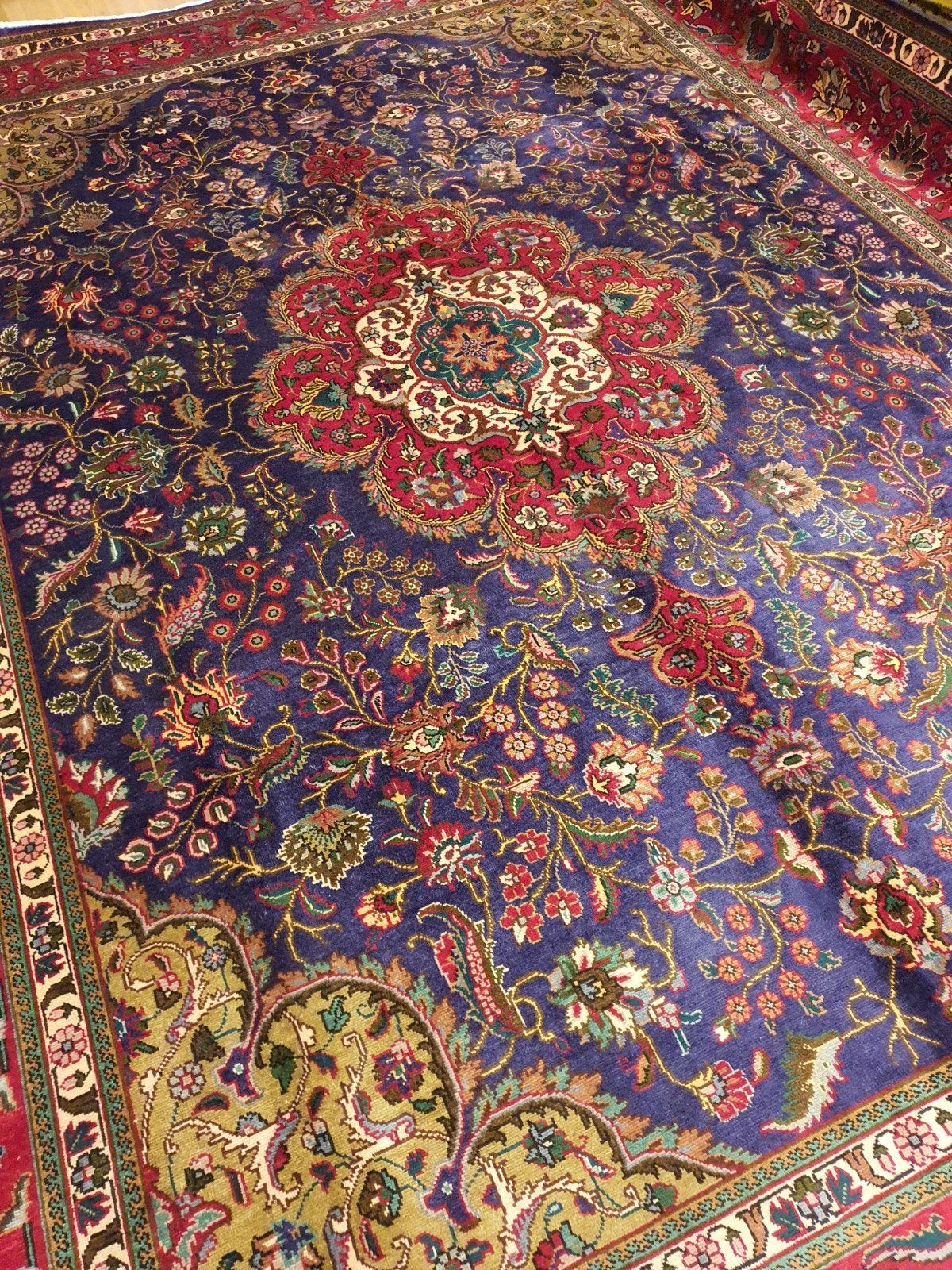 Vintage handgeknoopt perzisch tapijt tabriz 386x294, Info@SlatsAntiek.nl, Tweedehands, Geel, Perzisch