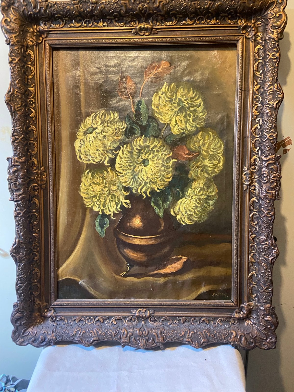Antiek schilderij met chrysanten en lijst (70x90cm), Antiek en Kunst, Bloemen, Doek, Ophalen of Verzenden, Olieverf