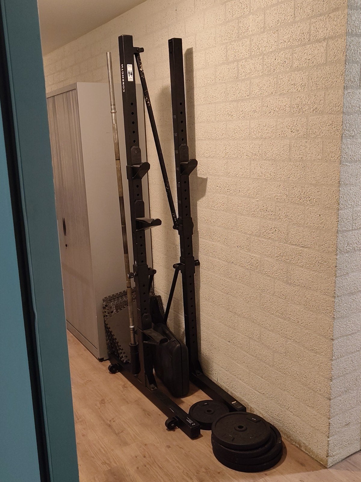Complete Domyos Opvouwbaar Krachtset: Rack, Halter, Schijven, Sport en Fitness, Ophalen of Verzenden, Gebruikt, Benen, Halterstangen