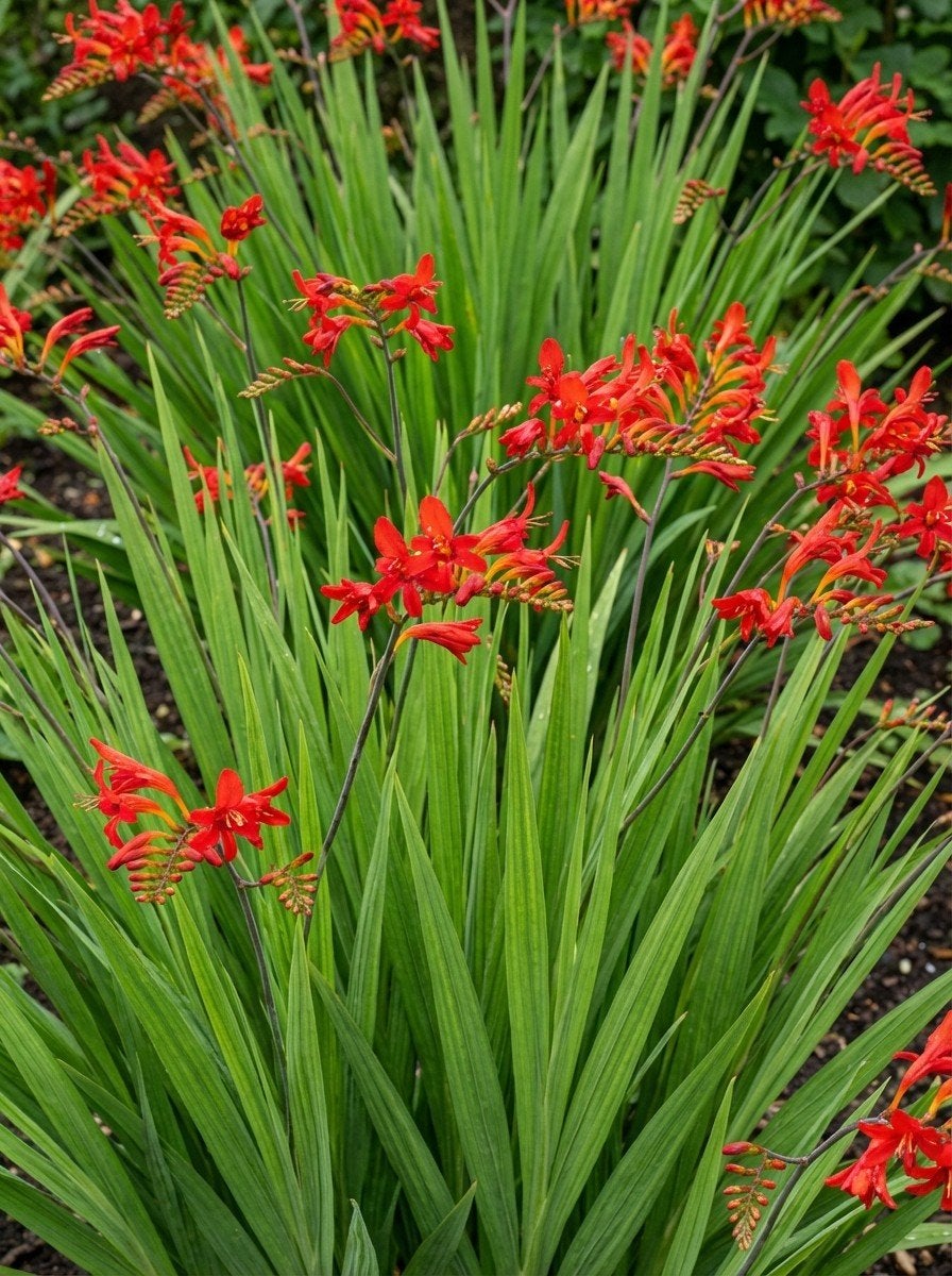 Crocosmia Red King( Montbretia) in een P9 pot., Vaste plant, Halfschaduw, Zomer, Ophalen